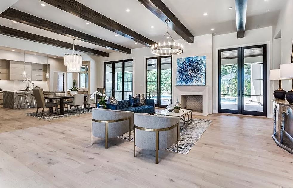 Staged living, kitchen & fireplace