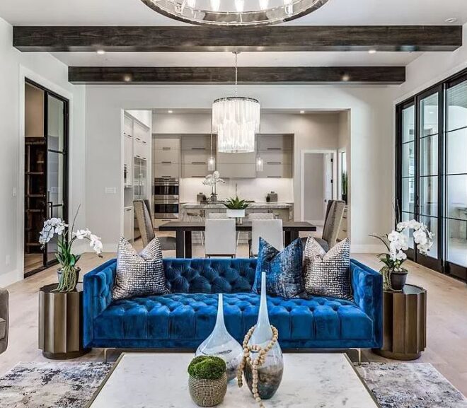 living room interior with blue sofa