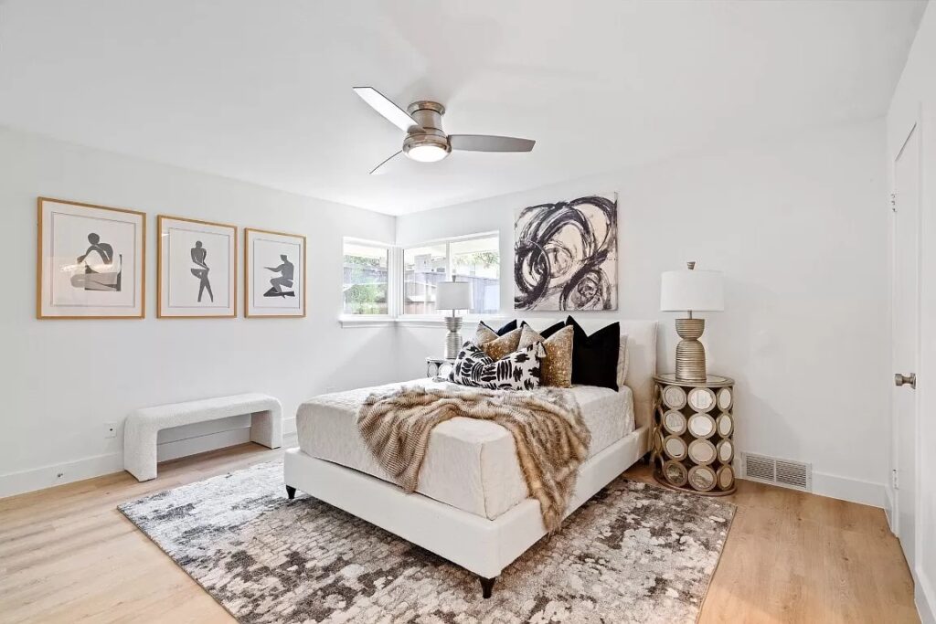 Home Staging master bedroom with brown, white & black color palette