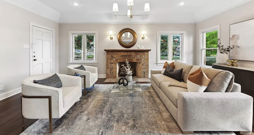 Home Staging Tudor Home - Living room with light and modern furnishings