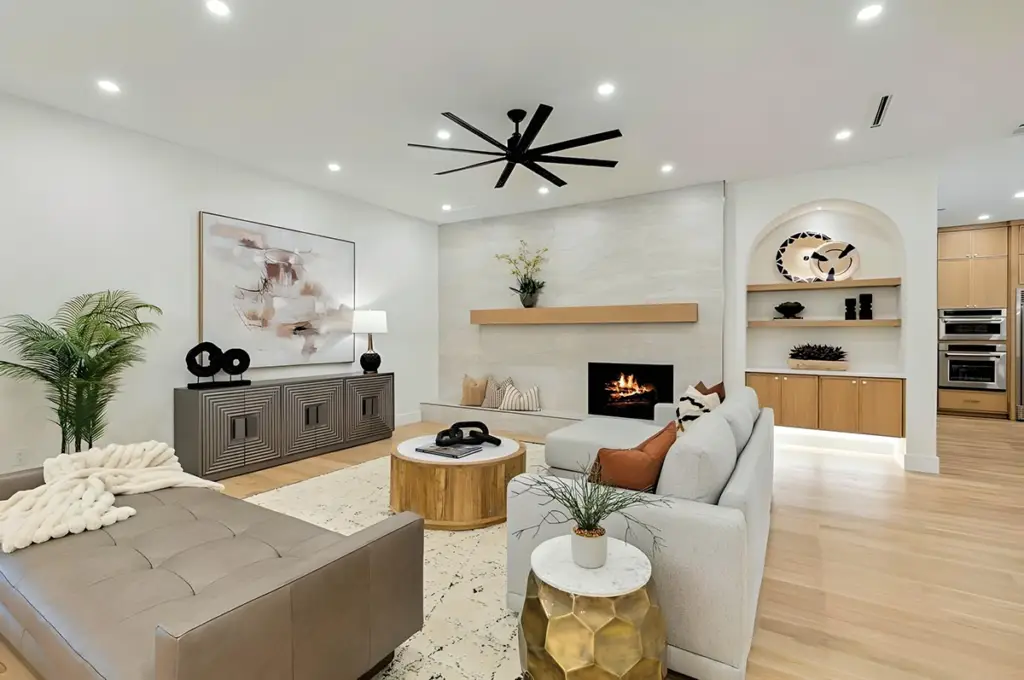 Living room staging with neutral color palette