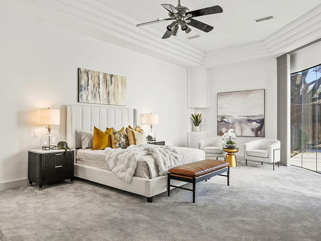 Staging of primary bedroom in ultra modern home in Dallas Texas