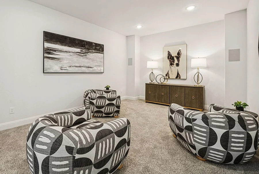 Media room staged with three geometric patterned chairs, large console table, dog artwork and large abstract artwork