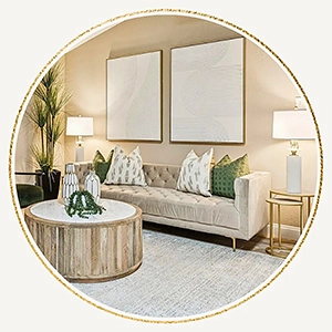 Staged seating area with a beige velvet sofa, green and white pillows, two white abstract artwork pieces and a round coffee table