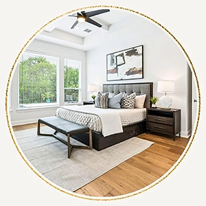 Staged bed with accent pillows