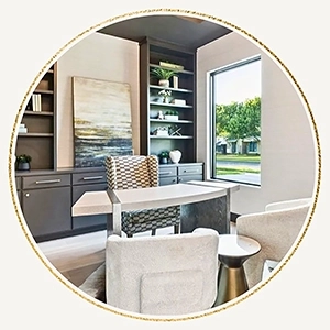 Circular graphic frame showcasing a staged home office with dark built-in bookshelves, a curved white desk, and a prominent geometric patterned chair
