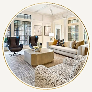 A circular photo of a high-ceilinged living room with white paneled walls, two dark leather wingback chairs, an upholstered sofa with mustard accent pillows, and a large stone coffee table on a patterned grey rug.